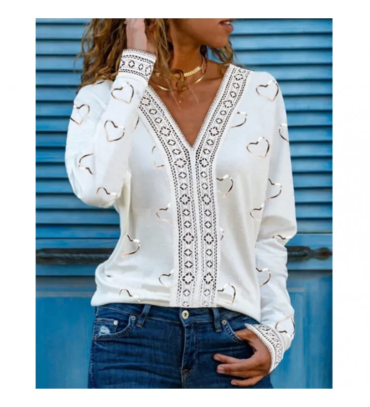 Amour V-cou à manches longues Creux à manches longues T-shirt Pour Les Femmes