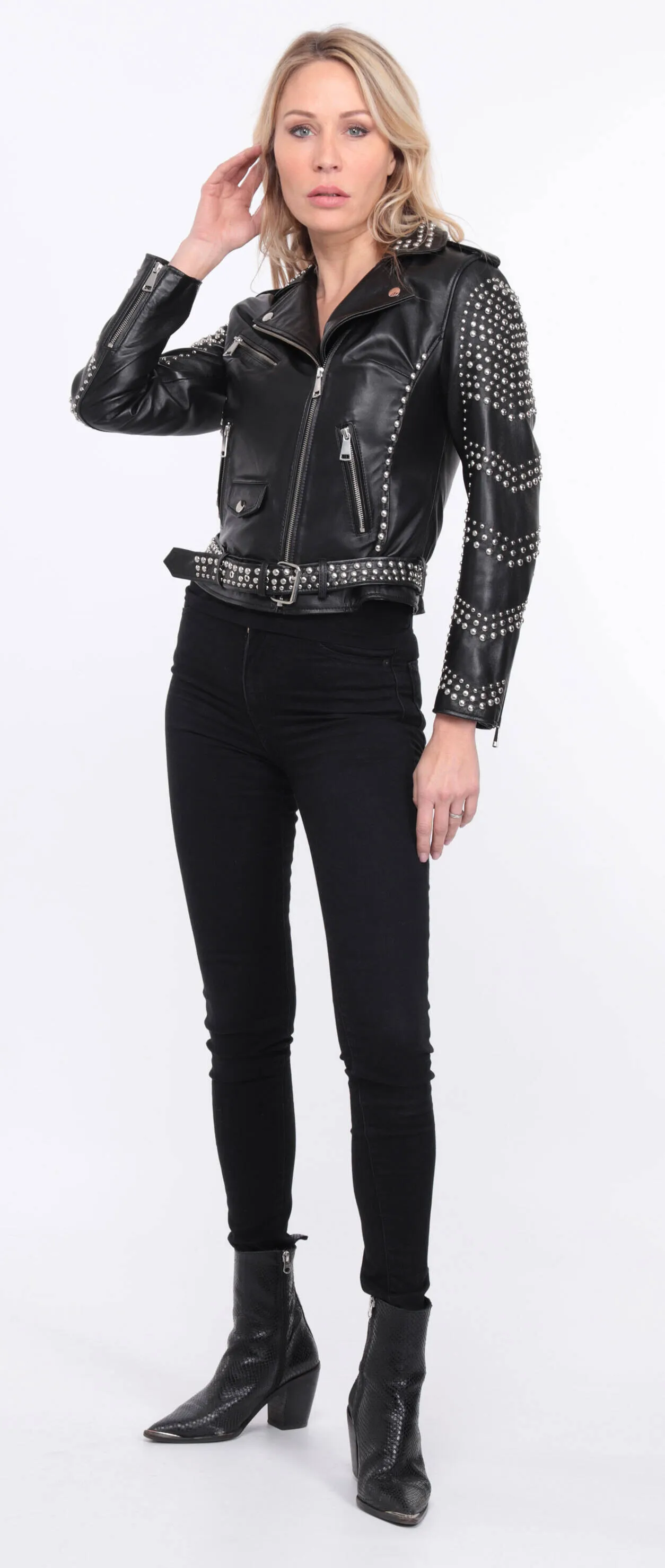 Blouson biker femme agneau noir clouté