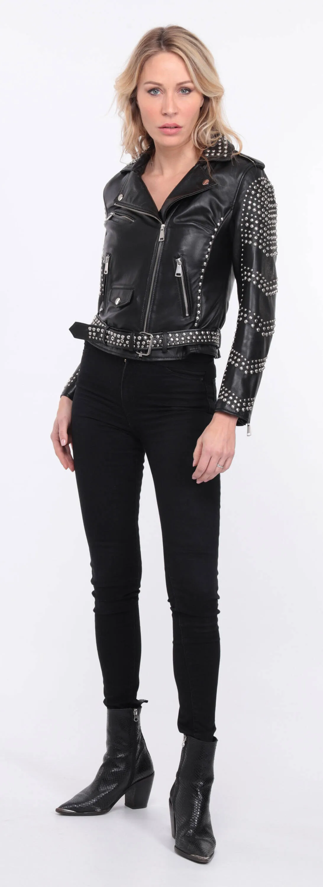 Blouson biker femme agneau noir clouté