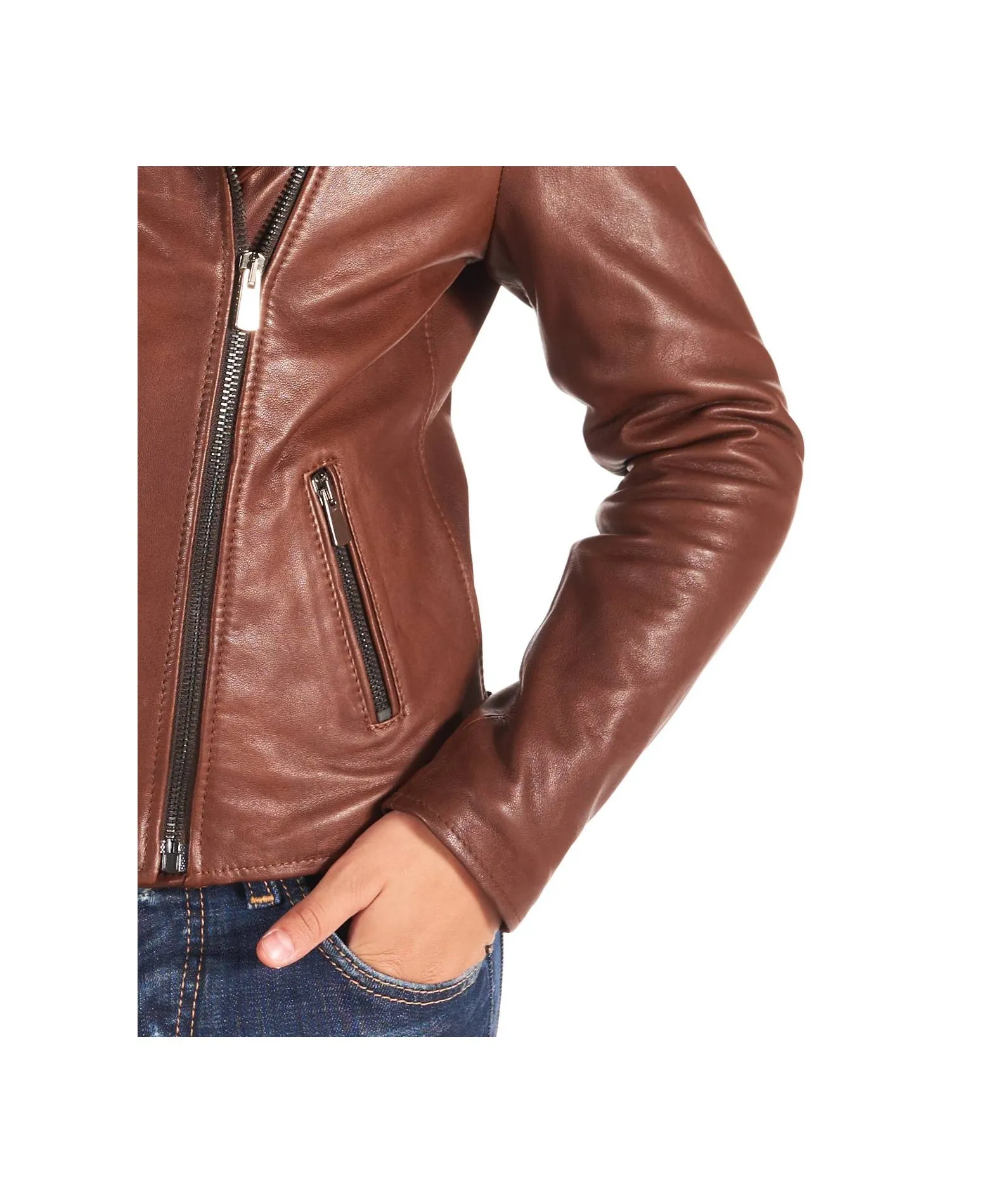 Blouson cuir enfant marron motard  unisexe cuir plongé