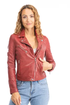 Blouson cuir femme style biker rouge