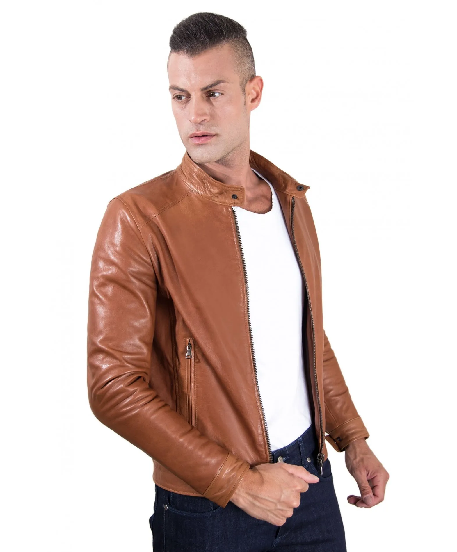 Blouson cuir homme style motard cuir plongé couleur noisette Ted