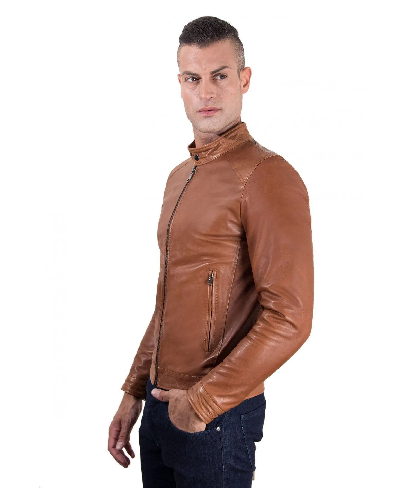 Blouson cuir homme style motard cuir plongé couleur noisette Ted