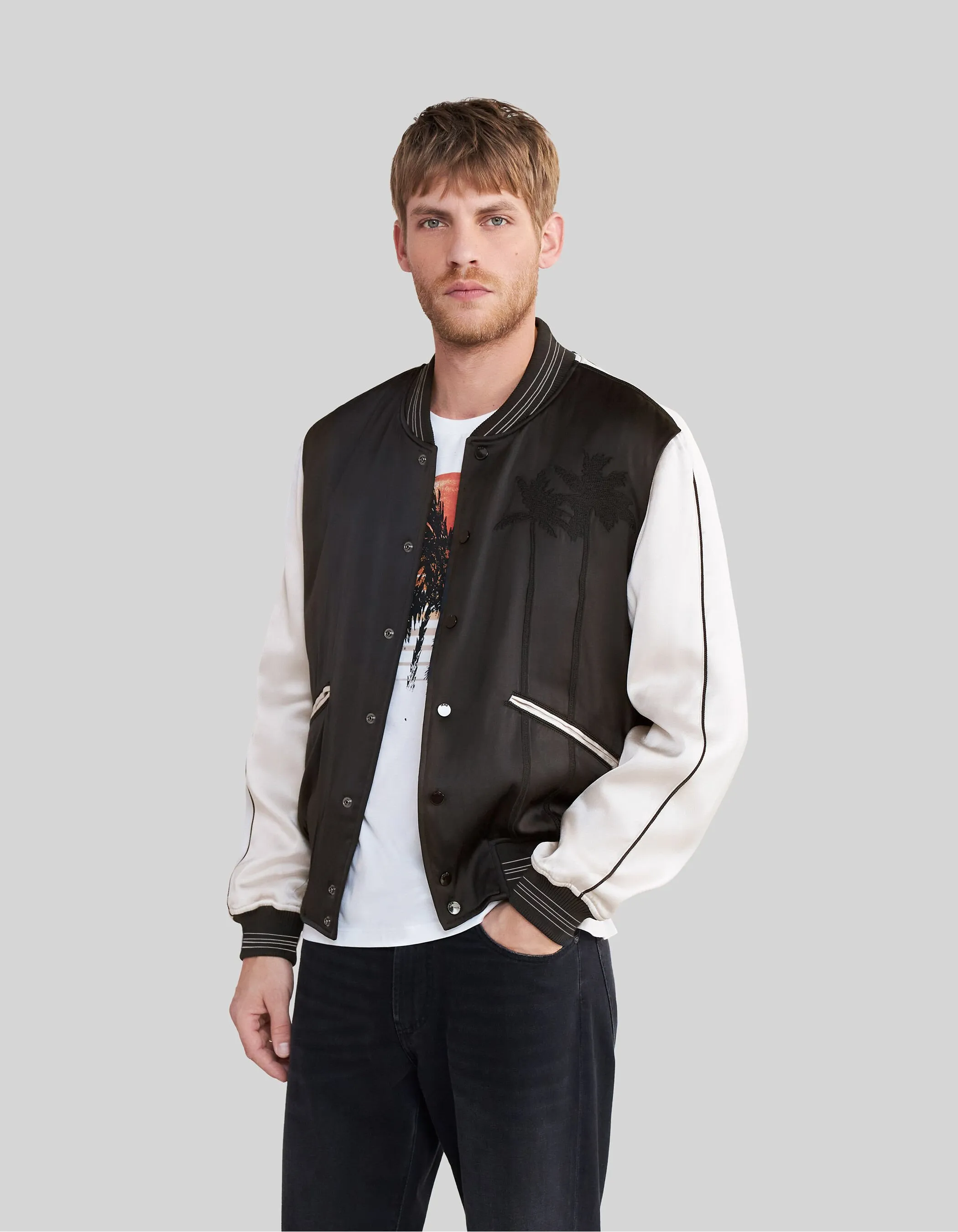 Blouson teddy noir bicolore et broderies Homme