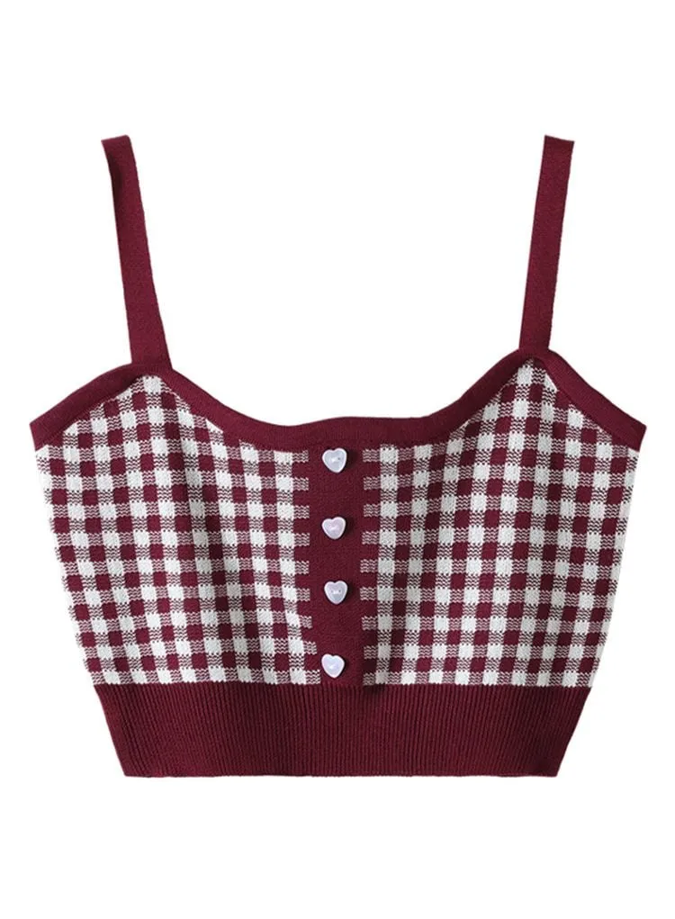 Caraco en Tricot Vichy avec Bouton Coeur en Bordeaux