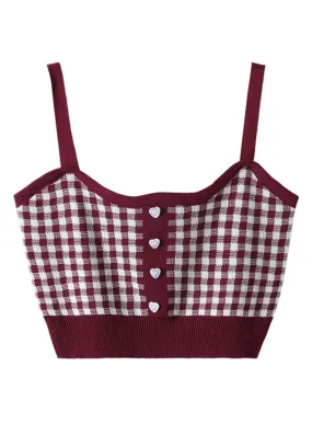 Caraco en Tricot Vichy avec Bouton Coeur en Bordeaux