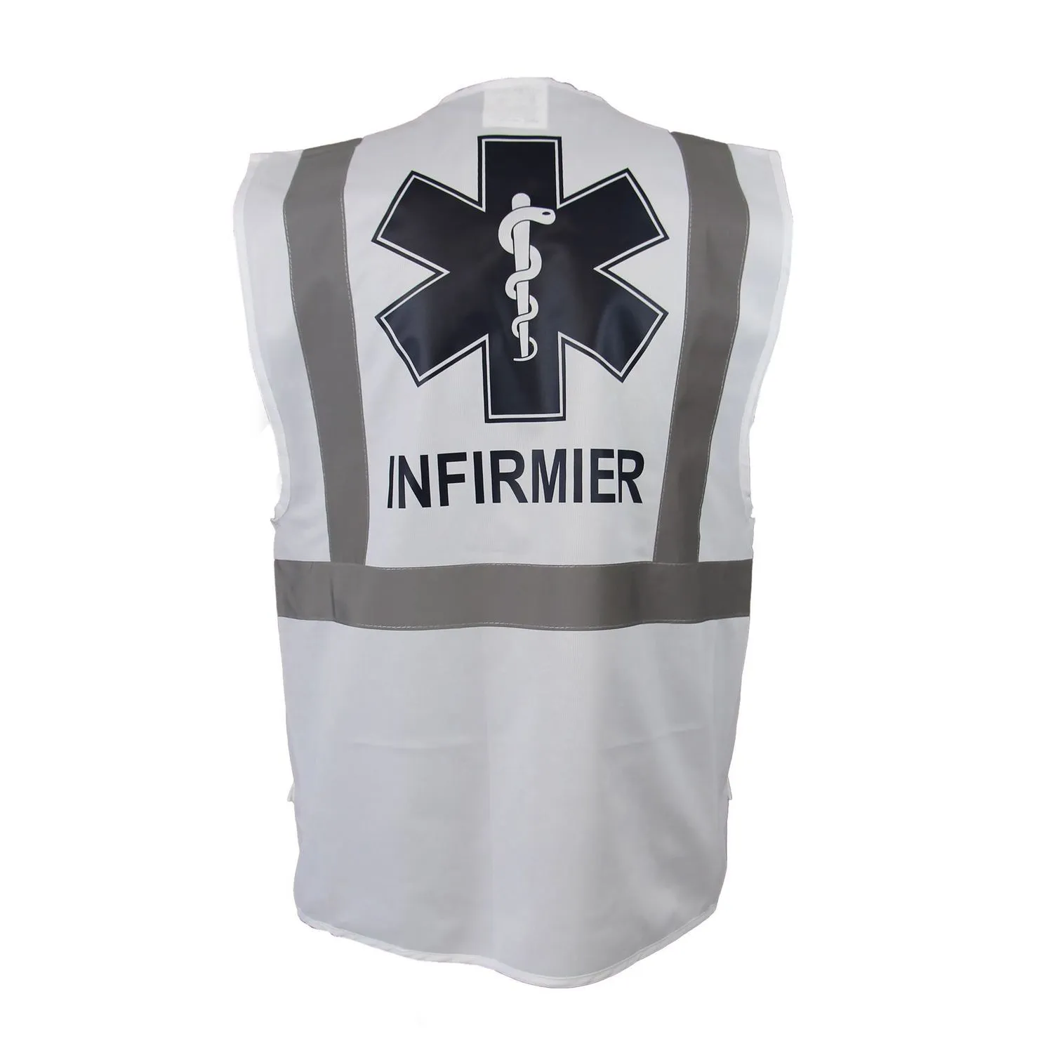 Gilet de sécurité zippé - marquage dos Croix de vie et votre texte (Ambulancier, SAMU, Infirmier, etc) - blanc - HVW801 