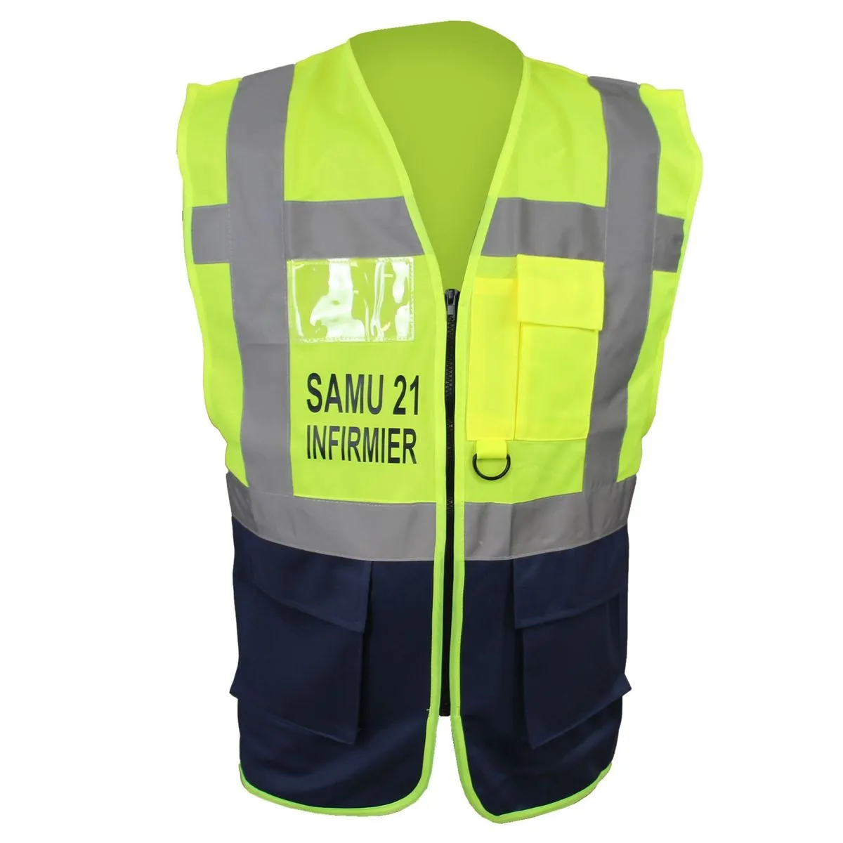Gilet de sécurité zippé - marquage personnalisé votre texte SAMU, SMUR, ARM, etc - jaune et bleu marine - HVW801 