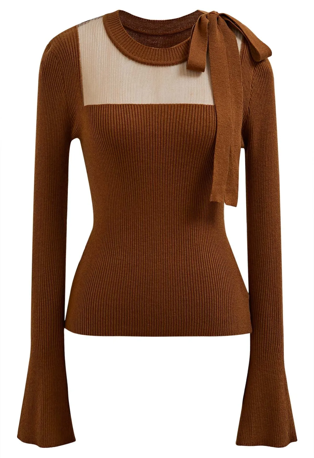 Haut en tricot ajusté avec nœud papillon latéral inséré en maille en caramel