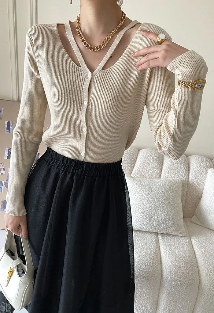 Haut en Tricot Cosy Découpé à Col en V en Sable
