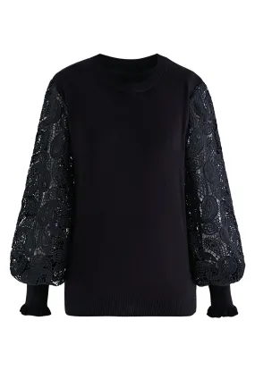Haut en tricot à manches crochet Paisley en noir