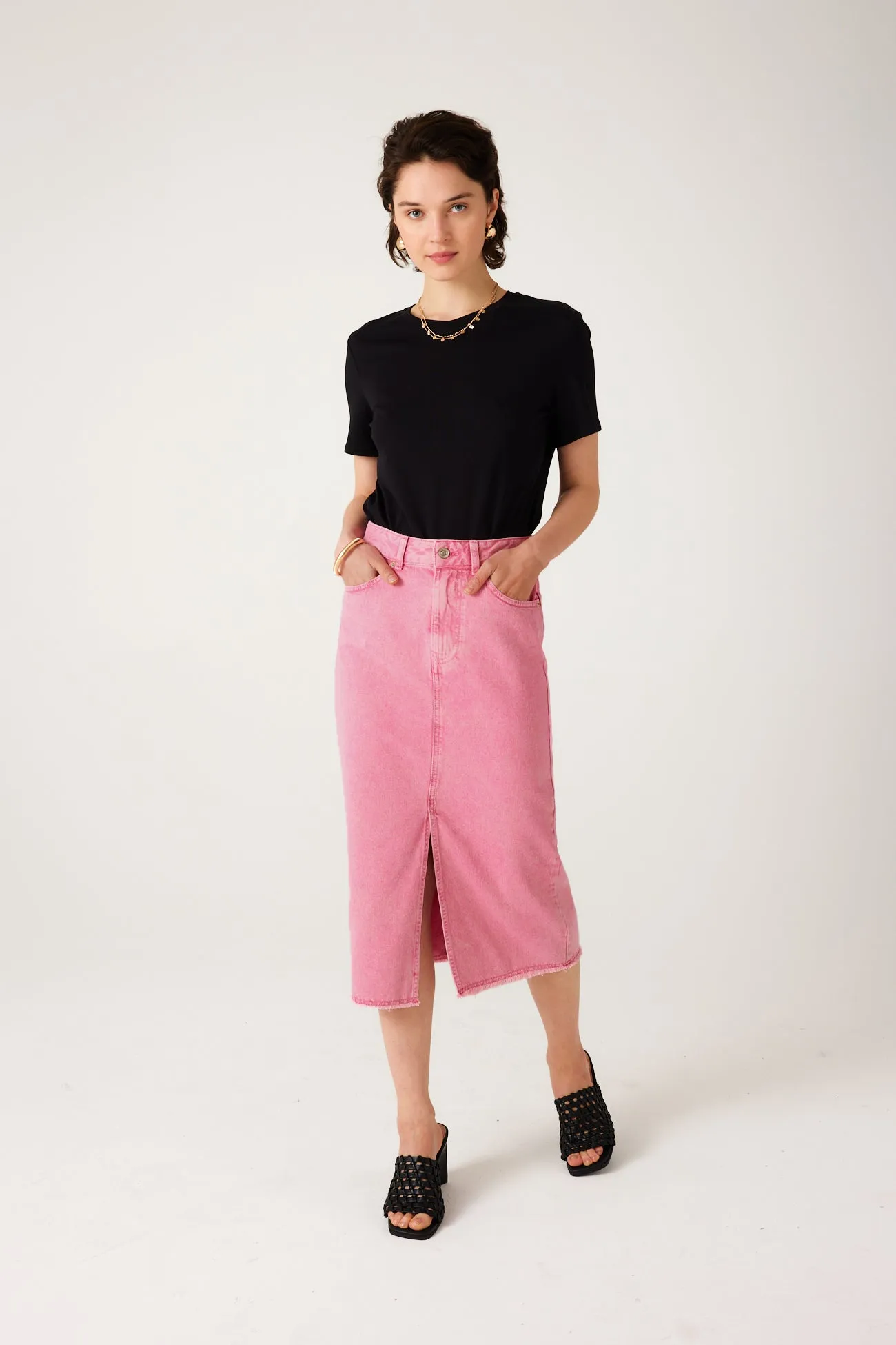 Jupe midi en toile rose Femme - Rose