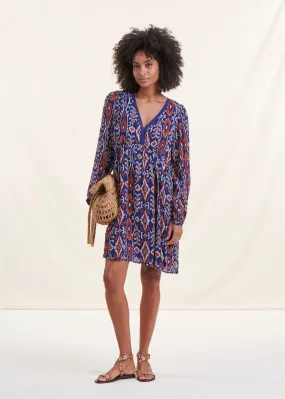 Robe courte bleue en voile imprimé manches longues