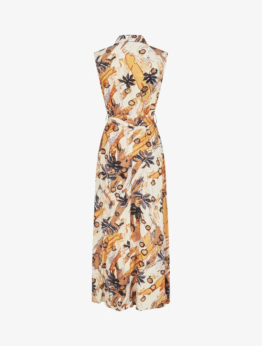 Robe longue sans manches imprimé feuille - Beige